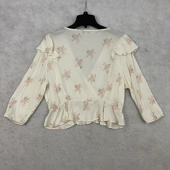 BCBGeneration Floral Faux Wrap Crop Top Womens Size XL Cream 3/4 Sleeve - Picture 4 of 8